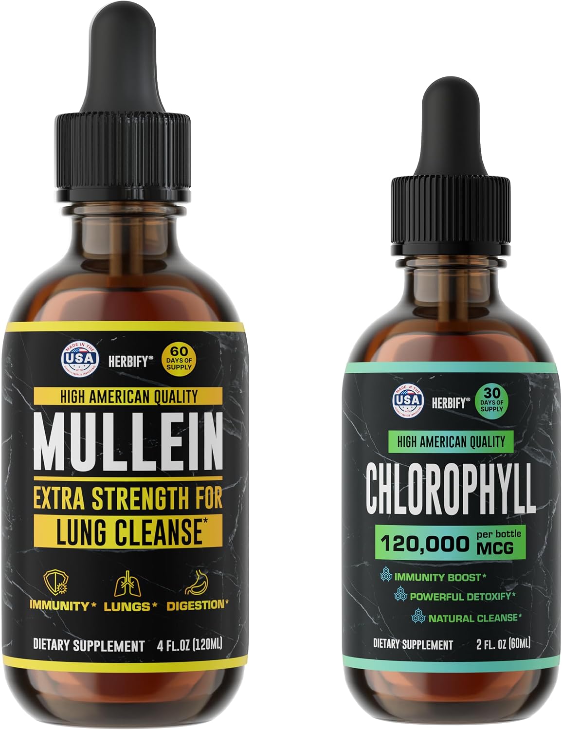 HERBIFY Bundle - Mullein Leaf Extract & Chlorophyll Drops - Lung Cleanse and Respiratory Support & Energy Boost and Immune System Support
