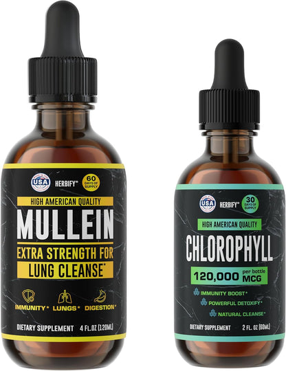 HERBIFY Bundle - Mullein Leaf Extract & Chlorophyll Drops - Lung Cleanse and Respiratory Support & Energy Boost and Immune System Support