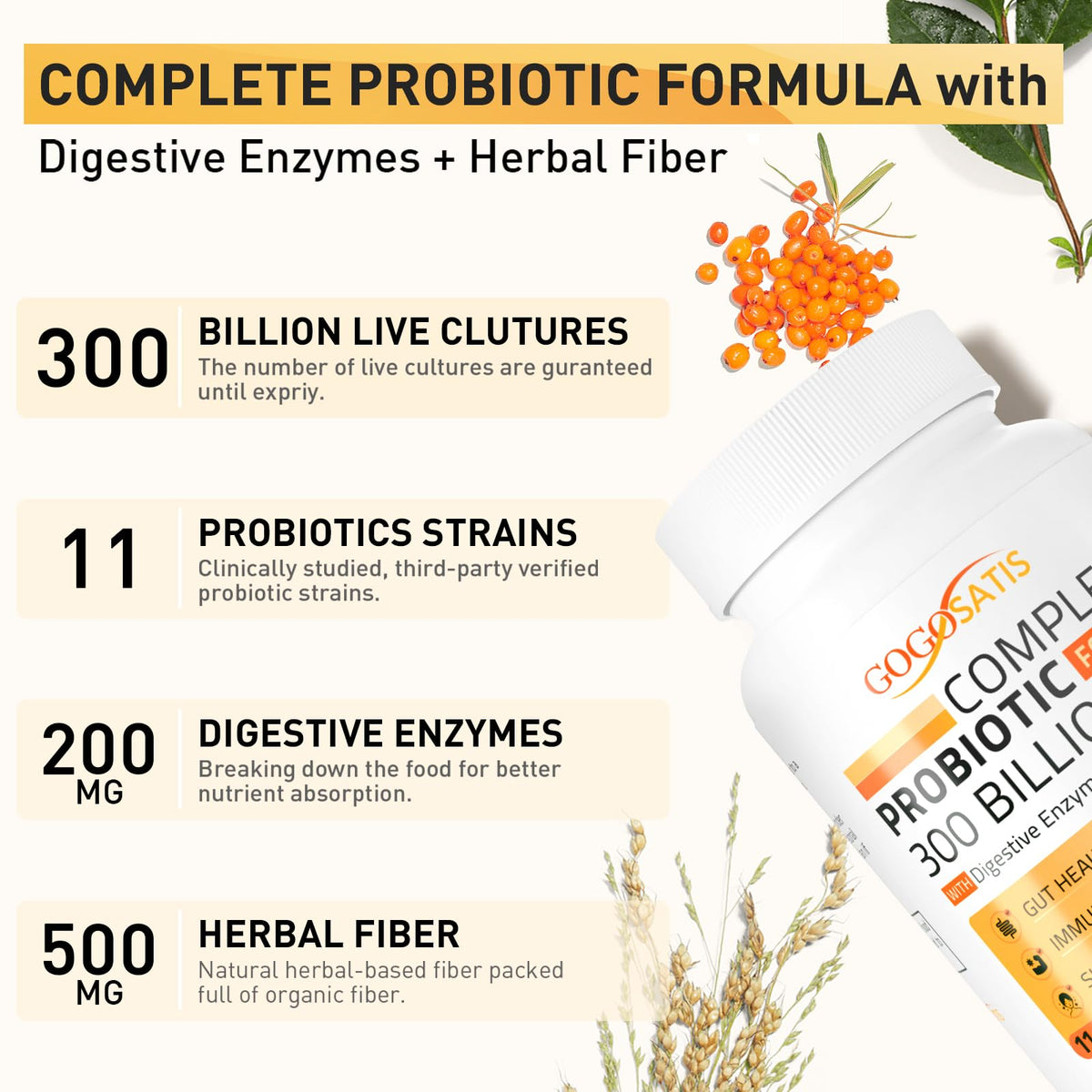 Probiotics for Women & Men, 300 Billion CFU 11 Strains, Probiotic with Organic Herbal