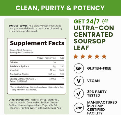 (2 Pack) Soursop Gummies - Soursop Leaves Concentrated Extract for Immune | Herbal Extracts w/Vitamin C, Zinc & Natural Food for Liver, Calming & Antioxidant, Sugar Free, Gluten Free, Vegan, 60 Gummies
