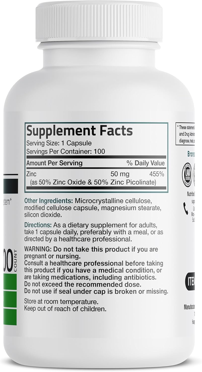 Bronson Zinc 50mg Complex High Potency Immune Support Supplement & Antioxidant and Skin Health - Non GMO, 100 Vegetarian Capsules