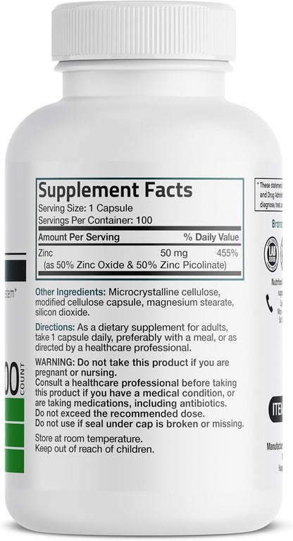 Bronson Zinc 50mg Complex High Potency Immune Support Supplement & Antioxidant and Skin Health - Non GMO, 100 Vegetarian Capsules