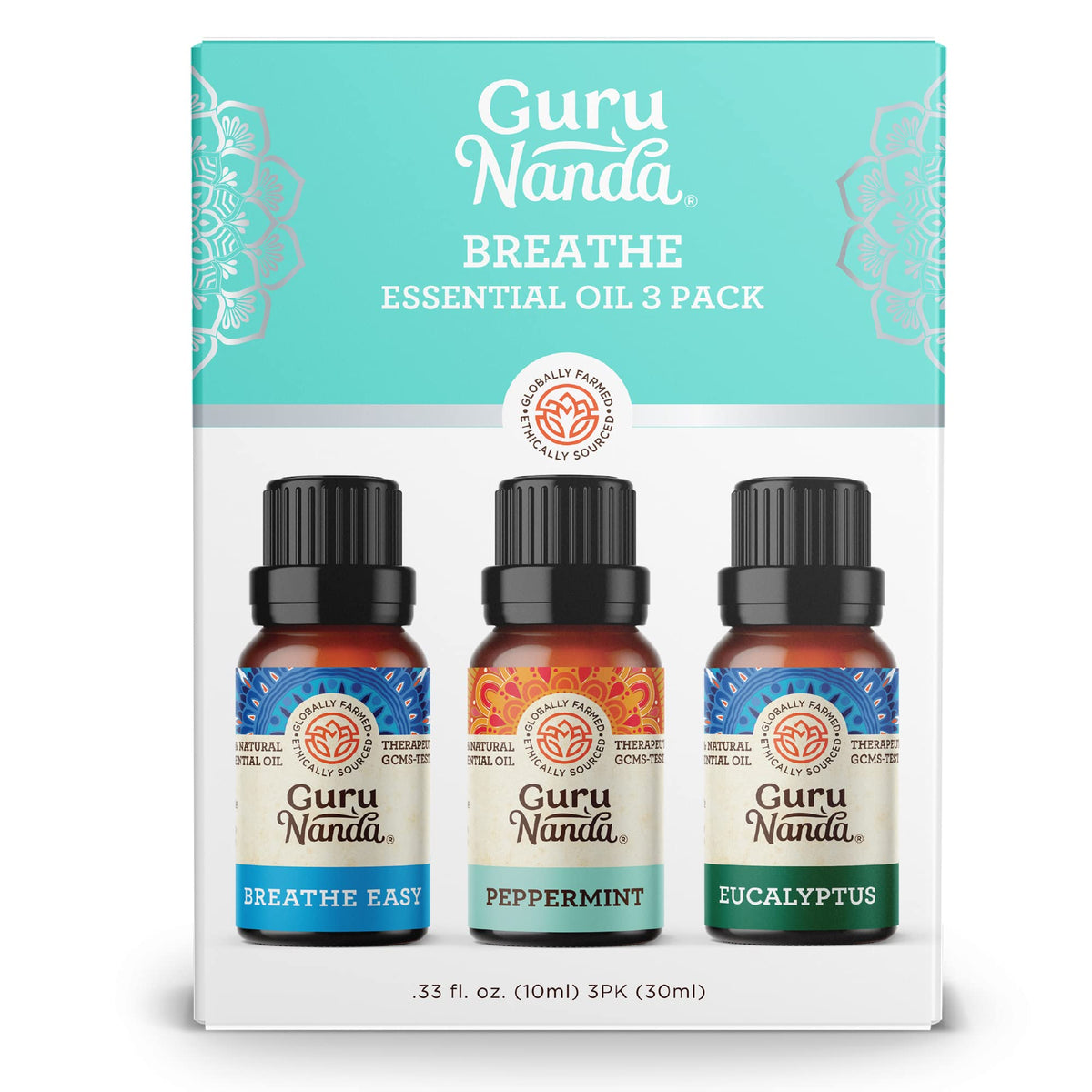 GuruNanda Breathe Essential Oil Set (Pack of 3 x 0.34 Fl Oz) - 100% Pure, Natural & Undilut