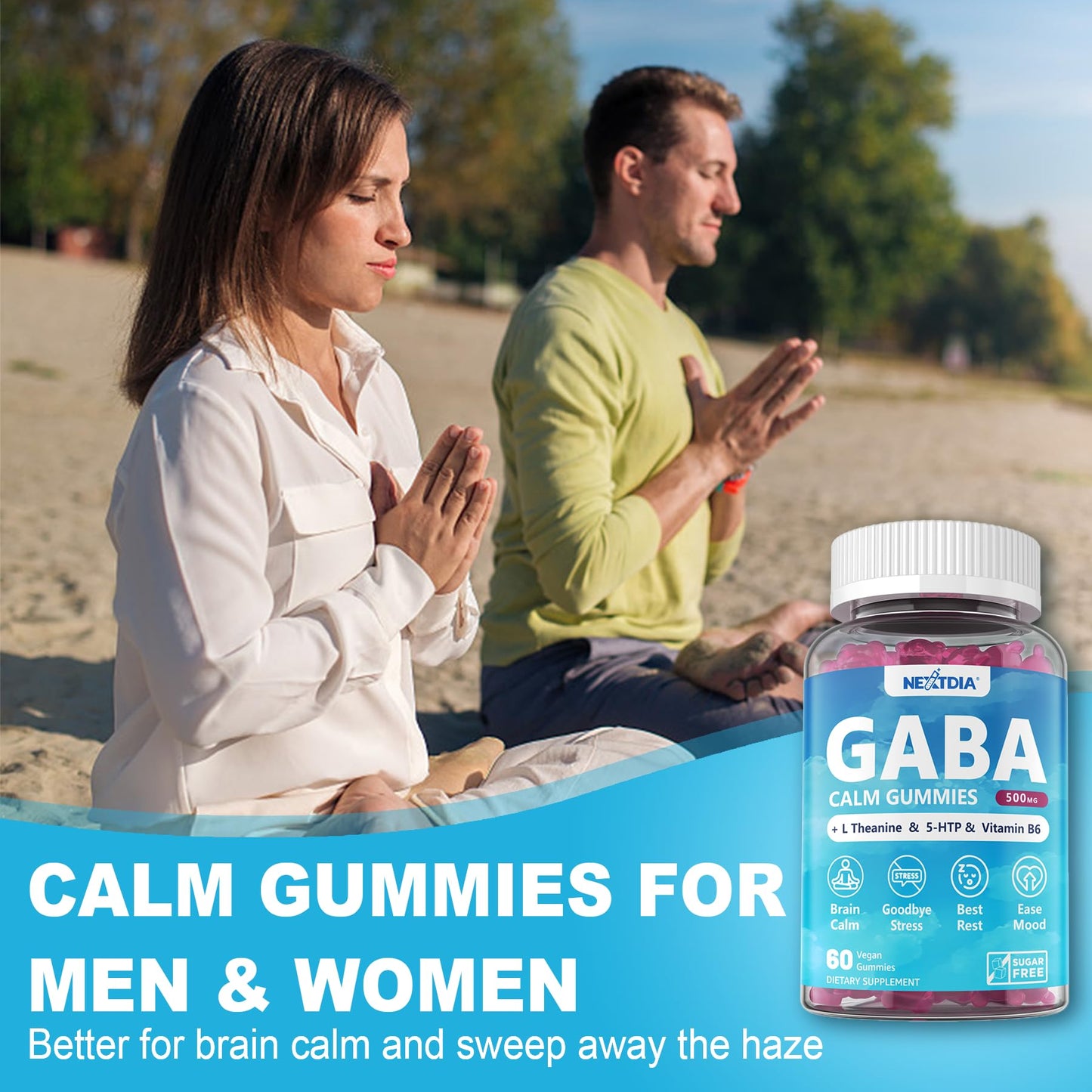 GABA Gummies 500 mg - Sugar-Free Calm Gummies with L Theanine, 5-HTP, Vitamins D3, B12, Ashwagandha, Melatonin-Free for Brain Calm, Mood, Zzz Better, GABA Supplement for Adult, Blueberry Flavor,2 Pack