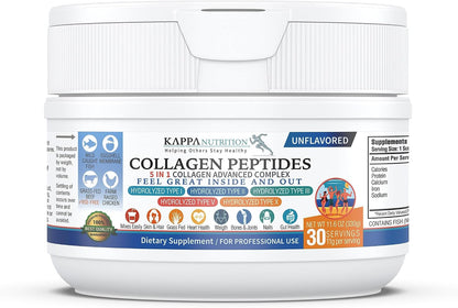 KAPPA NUTRITION Collagen Peptides Powder, 5 in 1 Multi-Collagen Advanced Complex with Hydrolyzed Collagen Peptides, Supports Skin, Hair, Nails, Joints & Bones / 30 Servings