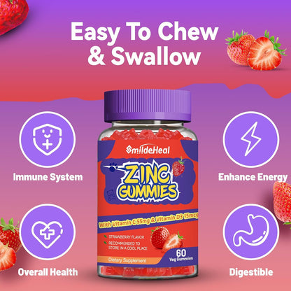 Zinc Gummies, Zinc 50mg, Zinc Citrate, with Vitamin C, Vitamin D3, 60 Count | Zinc Gummies, Zinc 50mg, Zinc Citrate, with Vitamin C, Vitamin D3, Strawberry Flavor Gummies, 60 Count