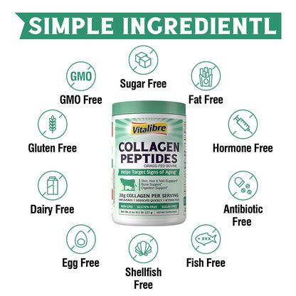 Vitalibre Bovine Collagen Peptides Powder for Women and Men, Grass-Fed Hydrolyzed Collagen Protein Type I & III, Skin, Hair, Nails, Bones, Digestion, Unflavored, Non-GMO, Keto & GF, 22 Servings, 16oz