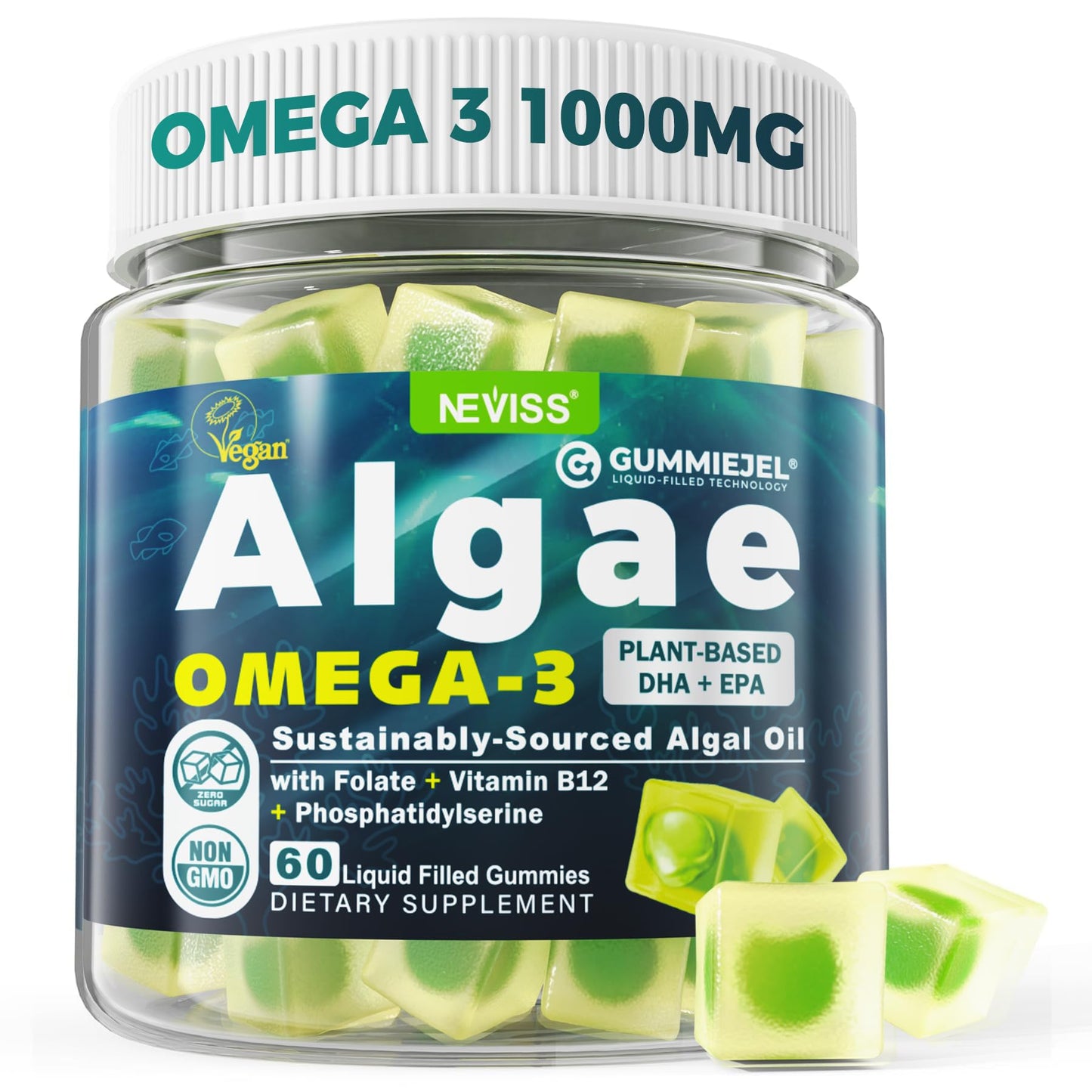 Vegan Omega-3 Gummies for Adults, Fish Oil Alternative from Algae Oil, Plant Based DHA 460mg & EPA 230mg Plus MethylFolate, Vitamin B12, Phosphatidylserine, No Fishy Taste, Vegan, Sugar Free, 60 Cts