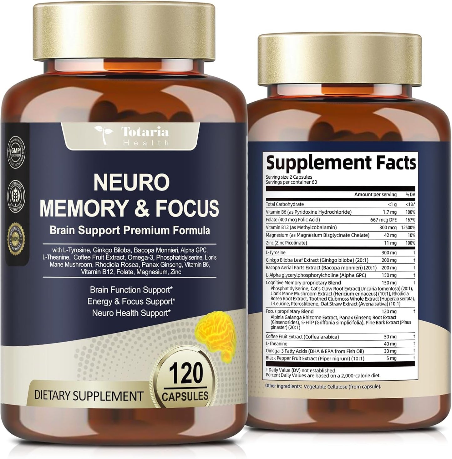Totaria Brain Supplements for Memory and Focus, Brain Health with L-Tyrosine, Alpha GPC, Ginkgo Biloba, Bacopa Monnieri, Nootropic Cognitive Support - Non-GMO, Gluten Free (120 Counts)