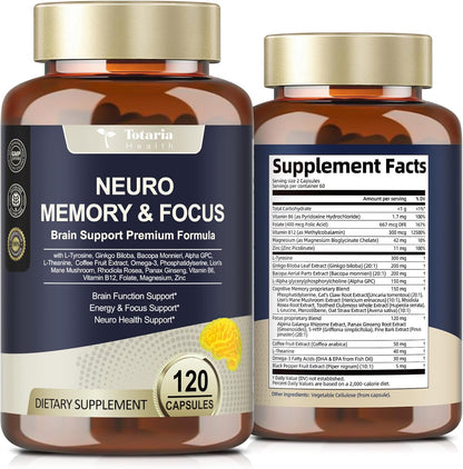 Totaria Brain Supplements for Memory and Focus, Brain Health with L-Tyrosine, Alpha GPC, Ginkgo Biloba, Bacopa Monnieri, Nootropic Cognitive Support - Non-GMO, Gluten Free (120 Counts)