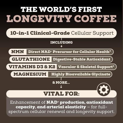 Black Forest Longevity Mix Liquid NAD+ Alternative Mocha Coffee 10-in-1 with NMN 250mg, Glutathione 250mg, TMG, Magnesium Glycinate, Vitamins D3 K2 C B12, High Polyphenol Cocoa, 30 Servings