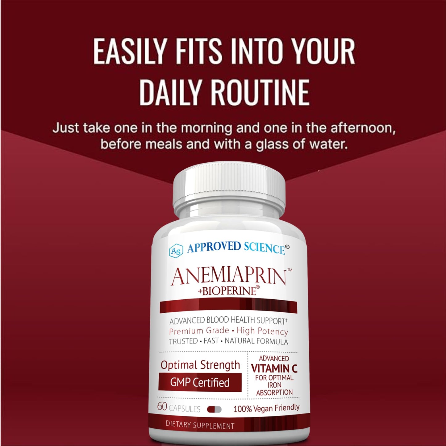 Approved Science Anemiaprin - Iron Bisglycinate with Vitamin C - Gentle On Stomach - Non Constipating Iron Supplement for Women and Men - Blood Support - with Folate and B12-3 Months - Vegan