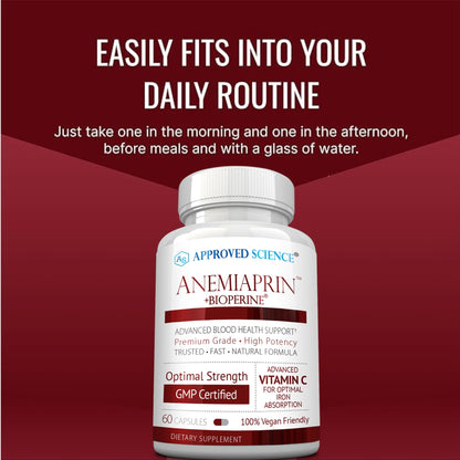 Approved Science Anemiaprin - Iron Bisglycinate with Vitamin C - Gentle On Stomach - Non Constipating Iron Supplement for Women and Men - Blood Support - with Folate and B12-3 Months - Vegan