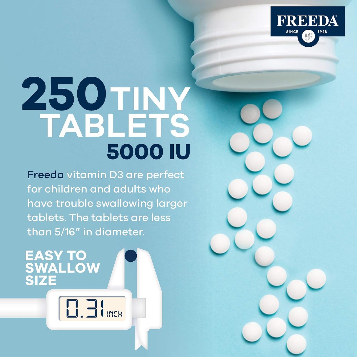 FREEDA Vitamin D3-5000 IU - Pure High Potency Kosher Supplement Tablets - Bone and Muscle Health, Calcium Absorption, Immune Support for Men and Women* - 250 Count | High Potency Vitamin D3 Supplement with 5000 IU Tablets - Support Bone Health, Muscle Fun
