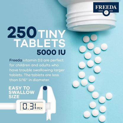 FREEDA Vitamin D3-5000 IU - Pure High Potency Kosher Supplement Tablets - Bone and Muscle Health, Calcium Absorption, Immune Support for Men and Women* - 250 Count | High Potency Vitamin D3 Supplement with 5000 IU Tablets - Support Bone Health, Muscle Fun