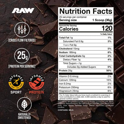 RAW Whey Isolate Protein Powder, Dark Chocolate - 100% Grass-Fed Sports Nutrition Whey Protein Powder for Muscle Growth & Recovery - Low-Fat, Low Carb, Naturally Flavored & Sweetened - 25 Servings