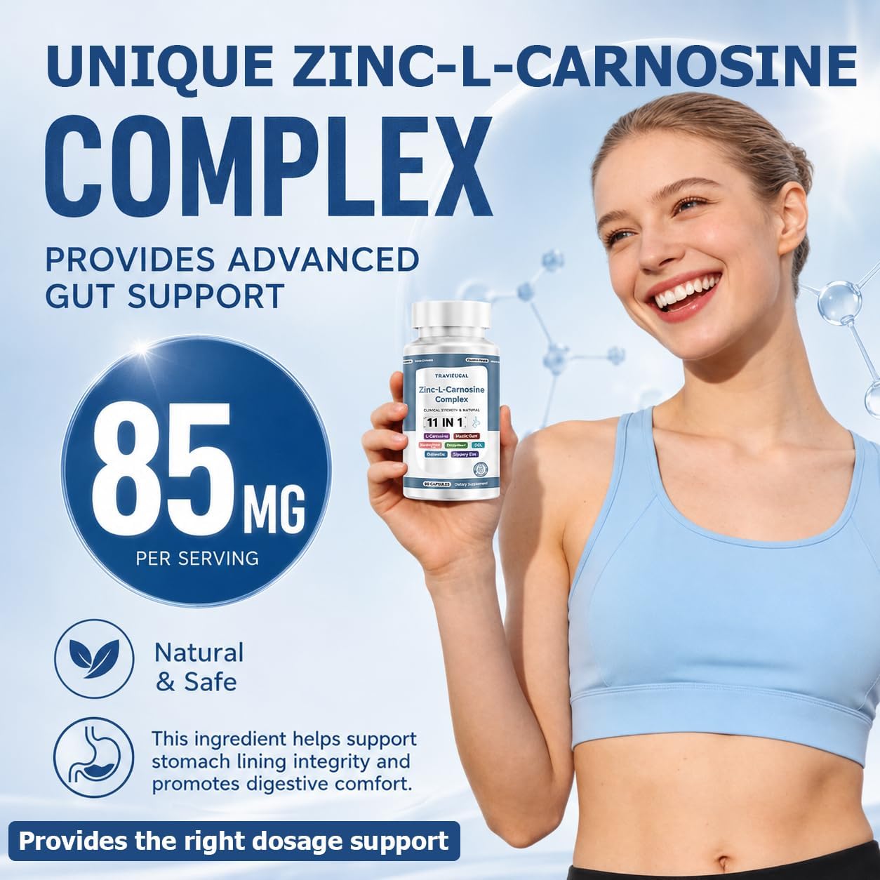 Zinc L Carnosine Complex 85mg, 11-in-1 Digestive & Gut Health Support | Soothing Herbal Extract Blend, L-Glutamine & Mastic Gum, 100 Capsules, Non-GMO, Vegan Supplement
