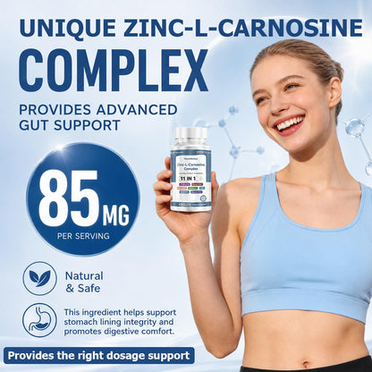 Zinc L Carnosine Complex 85mg, 11-in-1 Digestive & Gut Health Support | Soothing Herbal Extract Blend, L-Glutamine & Mastic Gum, 100 Capsules, Non-GMO, Vegan Supplement