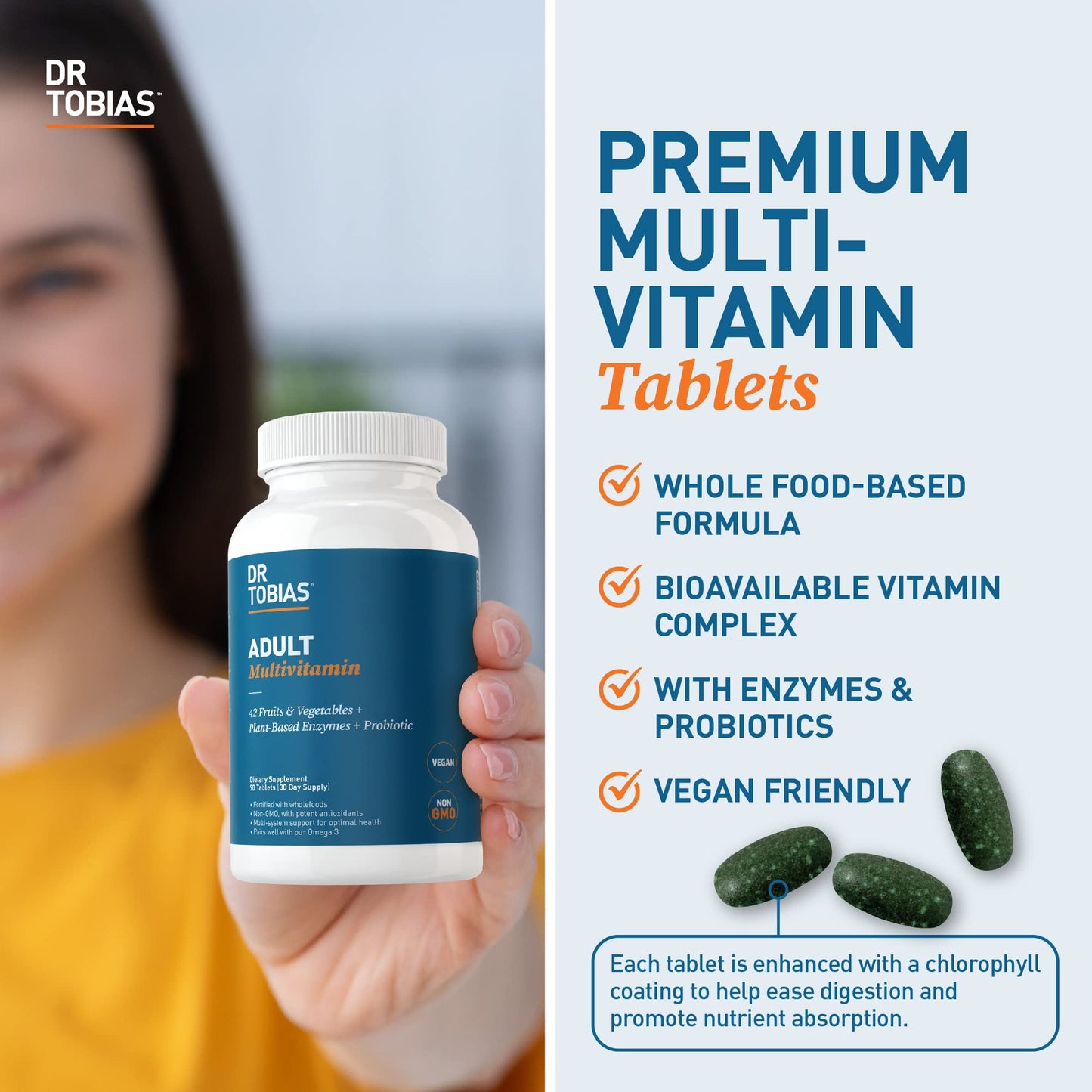 Dr. Tobias Adult Multivitamin for Women & Men 90 Count | Daily Energy & Immune Support | Vitamin Supplement with 42 Fruits & Vegetables + Probiotic + Enzymes | Vegan | 30 Servings
