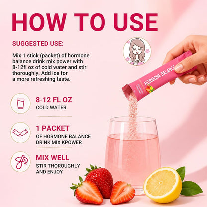 Hormone Balance for Women, Female Hormonal Support Drink Mix with Myo-inositol, Magnesium, Rhodiola Rosea, Vitamin C, Cortisol Supplement for Women, Vegan, Sugar-Free, Non-GMO, 30 Stick Packs