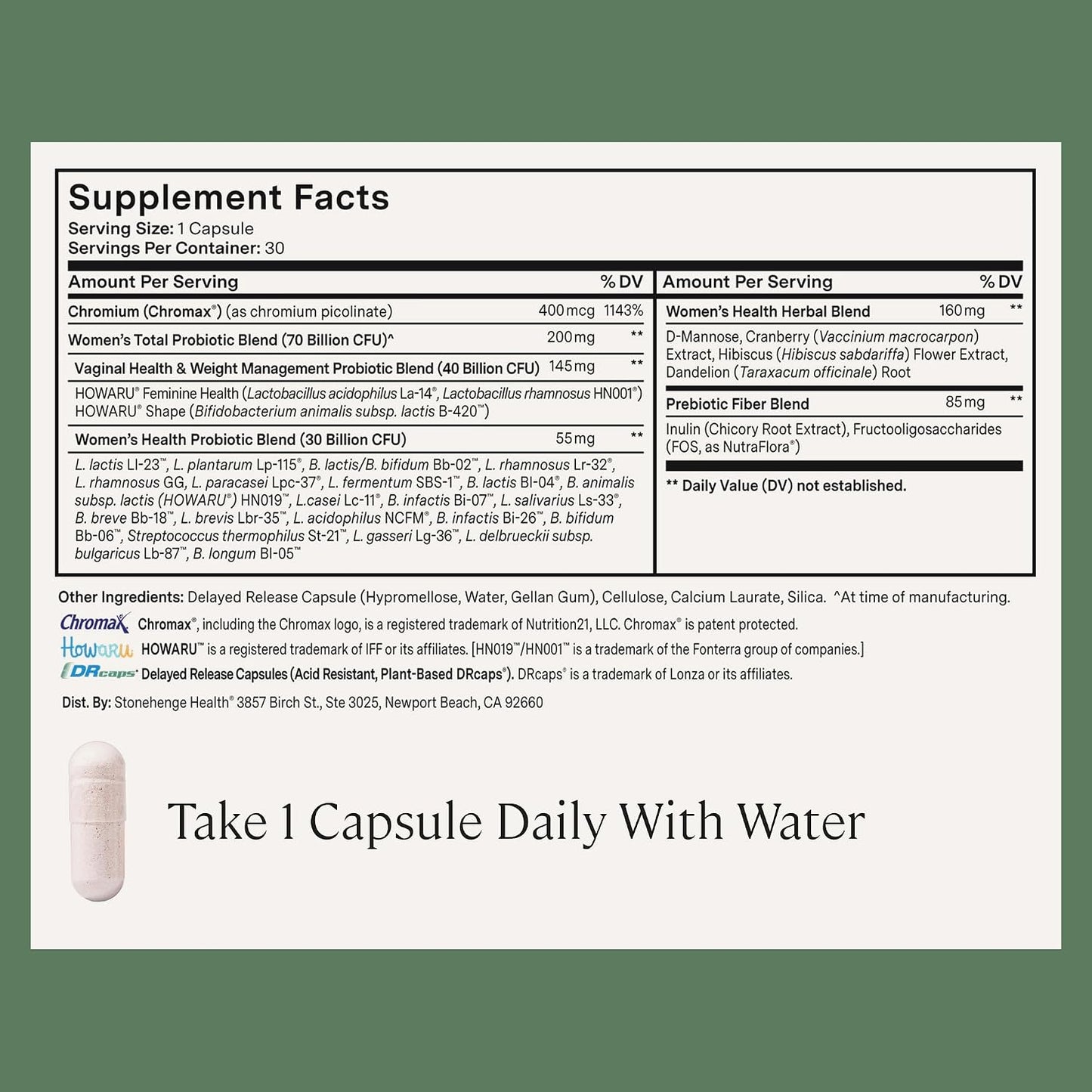 Stonehenge Health Biotics for Women Probiotic 70 Billion CFU, 24 Strains + Prebiotic Fiber, Weight Management, Focus & Mood, Digestive, Vaginal & Immune Support, Non-GMO, 30 Delayed-Release Veg Caps
