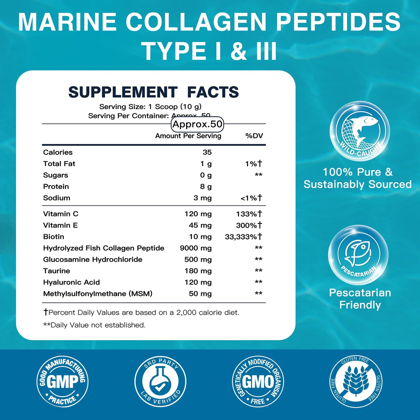 DRFOSTER Marine Collagen Peptides Powder with MSM + GC, Multi Type I & III Collagen with Hyaluronic Acid, Vitamin C & E for Skin, Hair & Nails, Wild-Caught Fish, 50 Servings