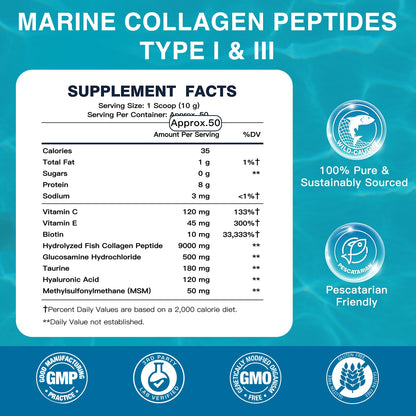 DRFOSTER Marine Collagen Peptides Powder with MSM + GC, Multi Type I & III Collagen with Hyaluronic Acid, Vitamin C & E for Skin, Hair & Nails, Wild-Caught Fish, 50 Servings
