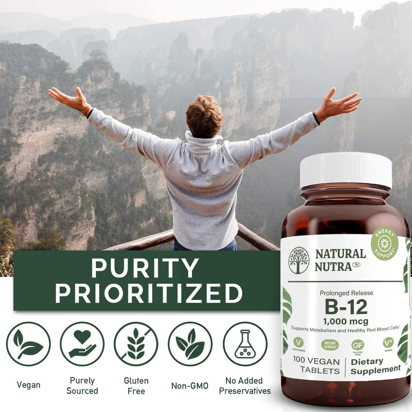 Natural Nutra Vitamin B12 1000 mcg, 100 Vegan Tablets | Promote Heart & Nerve Health, Cobalamin B12 Supplement, Help in Metabolism Health, Optimal Absorption, Gluten-Free,Sugar-Free