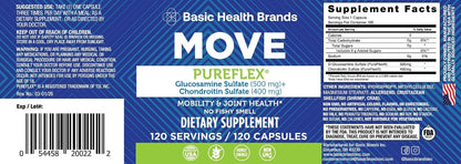 Basic Brands Move Pureflex Glucosamine Chondroitin, 120 Capsules | 500 mg Glucosamine Sulfate and 400 mg Chondroitin Sulfate, Made in USA