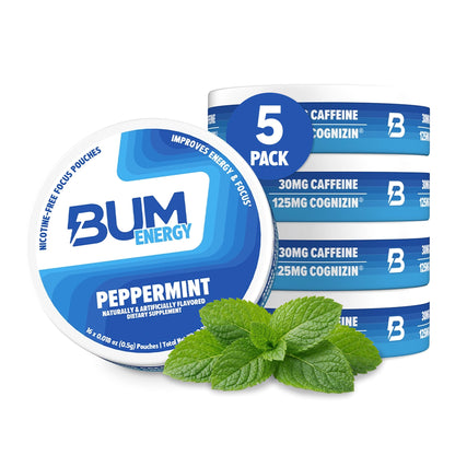 Bum Energy Pouches, Citrus, 30mg Caffeine + 125mg Cognizin Citicoline, Clean Energy & Focus, Discreet Oral Energy Pouches, 5 Packs of 16 Count
