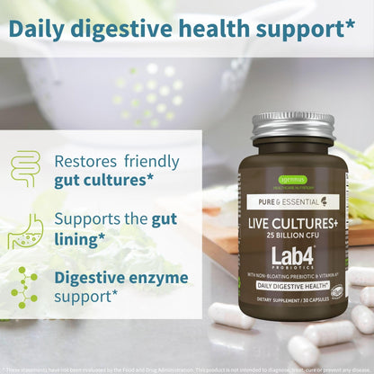 Igennus Live Cultures+ Lab4, Lactobacillus Acidophilus & Bifidobacterium | Lactis & Bifidum, 2 in 1 Probiotics & Prebiotic, 25 Billion CFU, Gut Health Support, Non-Bloating, Non-GMO, 30 Capsules