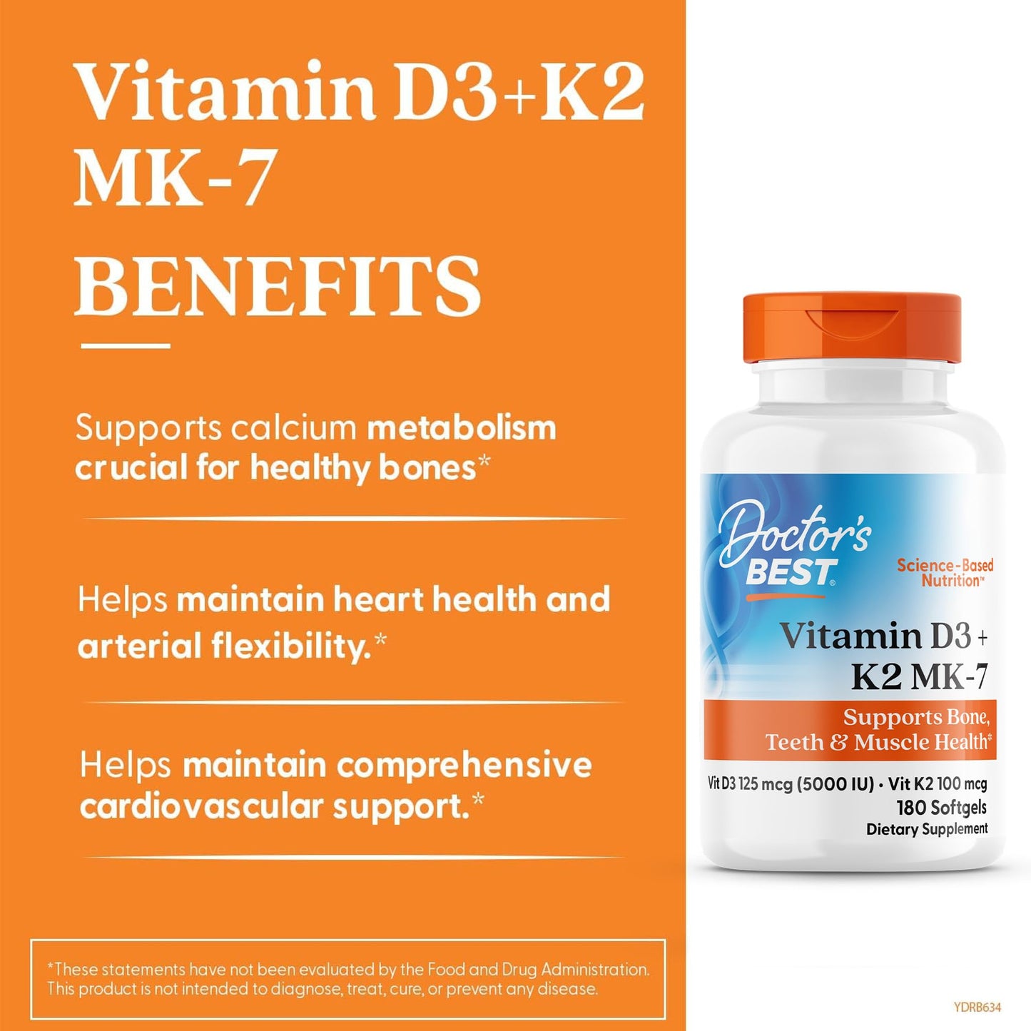 Doctor's Best Vitamin D3 and K2 Supplement for Men & Women - Vitamin D3 5000 IU + K2 as MK-7, Bone Health Support, Gluten Free, Non GMO, Vegetarian Capsules - 60 Veg Caps