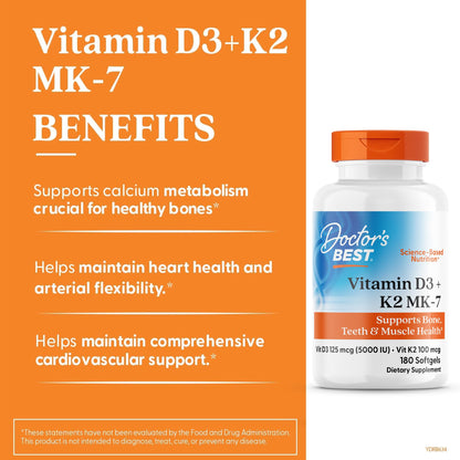 Doctor's Best Vitamin D3 and K2 Supplement for Men & Women - Vitamin D3 5000 IU + K2 as MK-7, Bone Health Support, Gluten Free, Non GMO, Vegetarian Capsules - 60 Veg Caps