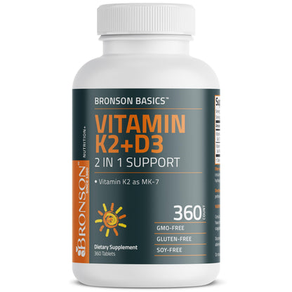 Bronson Vitamin K2 D3 (MK7) Supplement 2-in-1 D3 & K2 Complex, 120 Tablets | Bone, Immune & Heart Health Support, Gluten-Free, Soy-Free, Non-GMO, Vitamin D3 5000 IU (125 mcg) & 90 mcg K2 MK-7