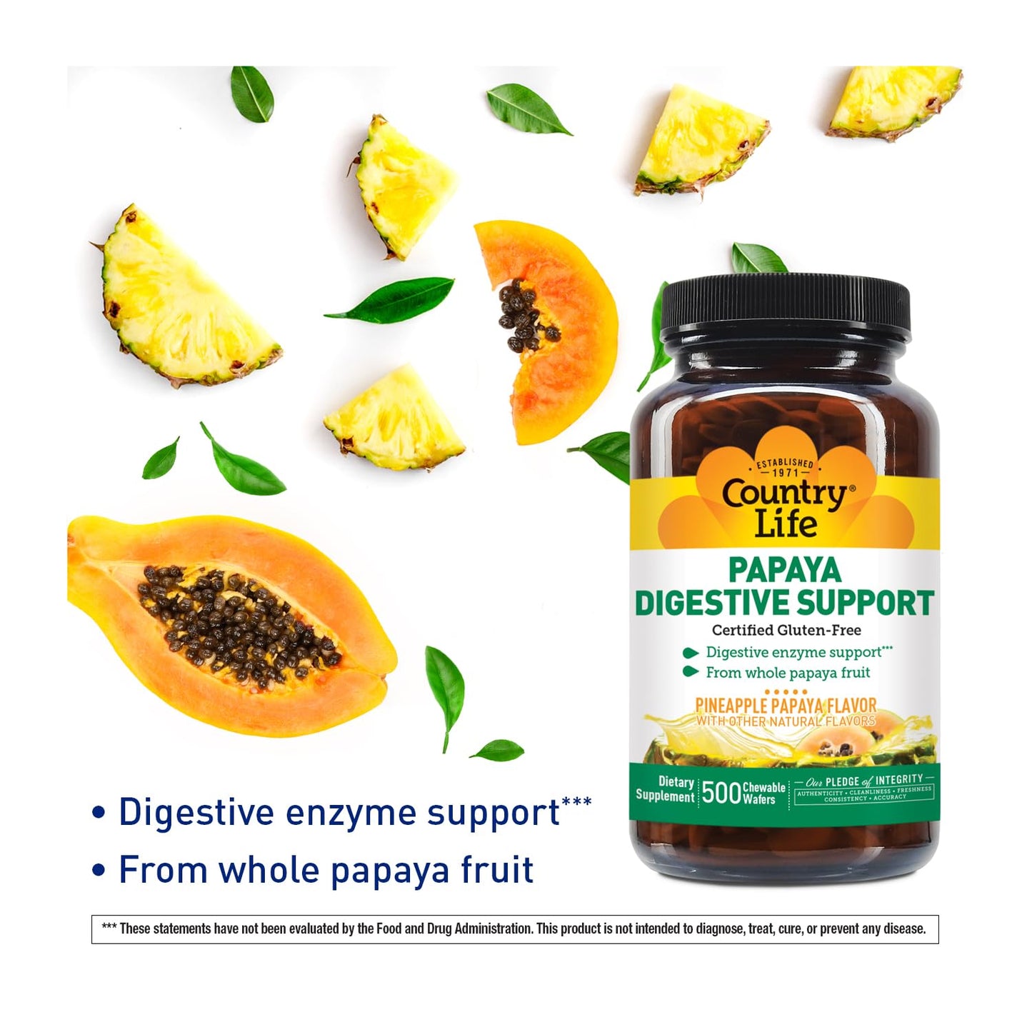 Country Life Papaya Digestive Support, 500 Chewable Wafers | Natural pineapple & papaya Flavor. Assists nutrient absorption, contains papain & protease