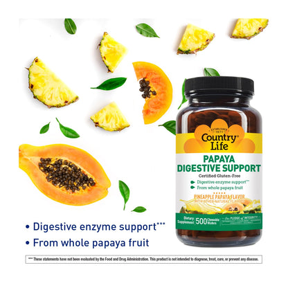 Country Life Papaya Digestive Support, 500 Chewable Wafers | Natural pineapple & papaya Flavor. Assists nutrient absorption, contains papain & protease