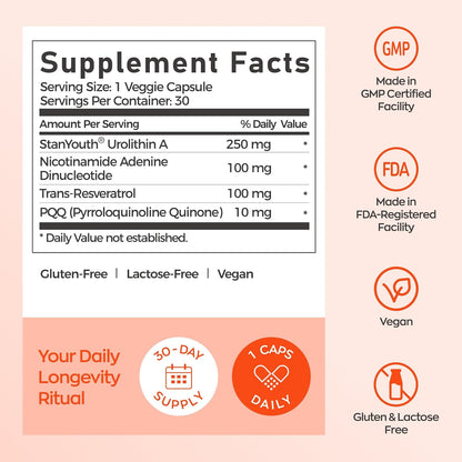 Gynable Urolithin A Supplement with NAD+ | Trans-Resveratrol & PQQ| 4-in-1 Complex Cellular Energy & Muscle Strength,Longevity Supplement for Sleep and Healthy Aging - Made & Tested in USA (1)