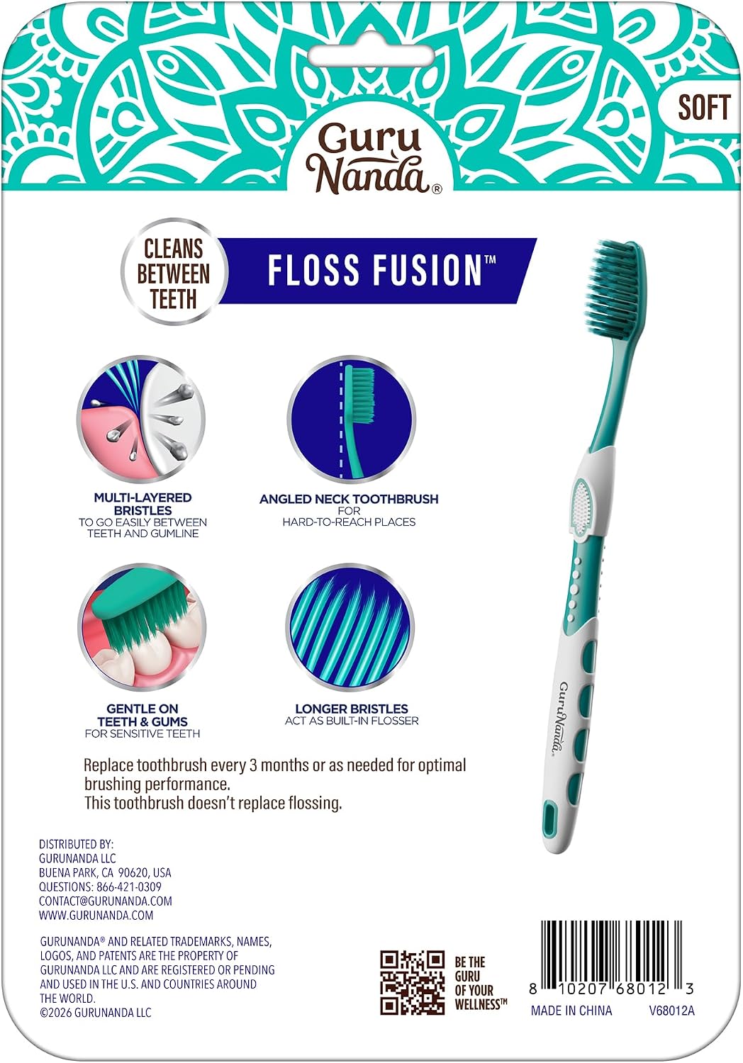 GuruNanda Soft Toothbrushes for Adults, Floss Fusion Design, 8 ct