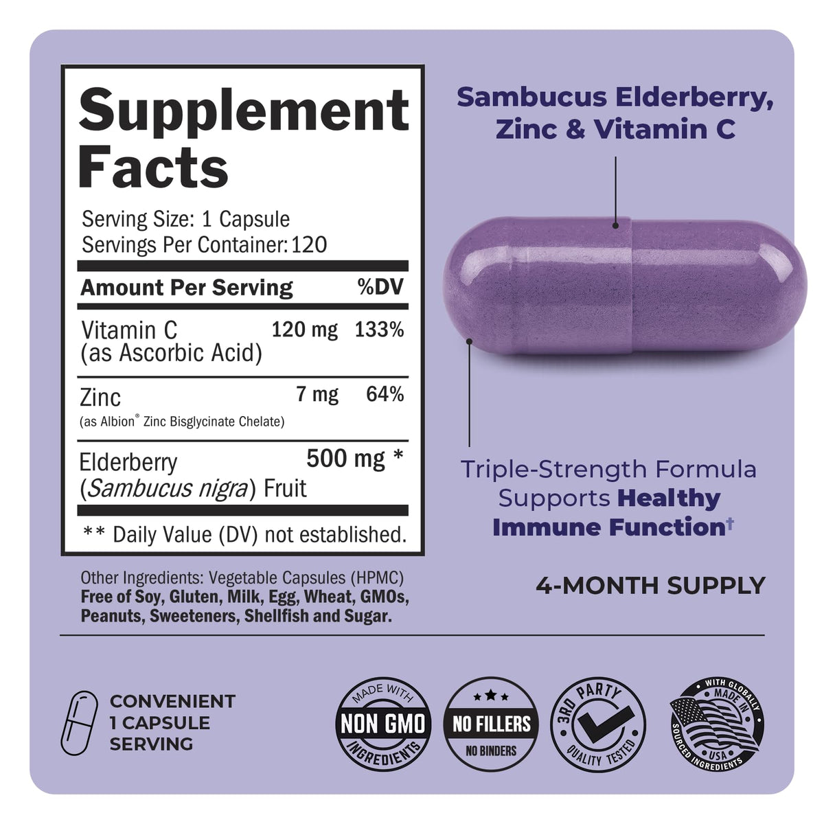 Elderberry Capsules with Zinc and Vitamin C for Adults, 60 Count