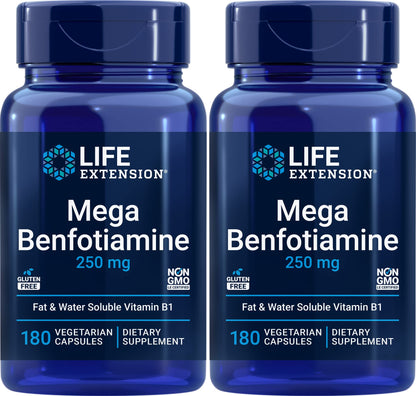 Life Extension Mega Benfotiamine 250 mg, 180 Vegetarian Capsules | 250 mg of benfotiamine and 10 mg of thiamine (vitamin B1) per capsule. Non-GMO, Gluten Free, Vegetarian.