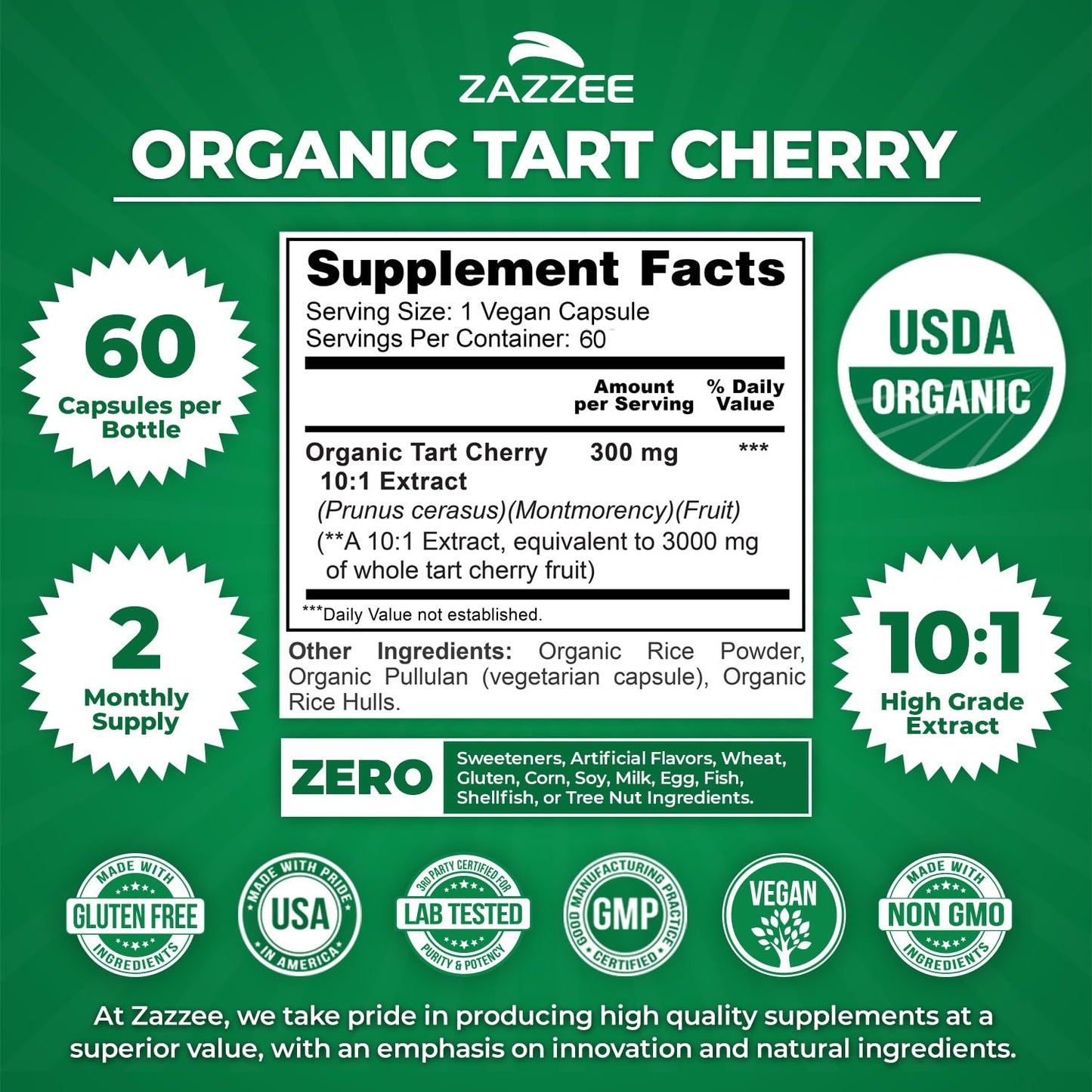 Zazzee USDA Organic Tart Cherry 10:1 Extract, 120 Vegan Capsules, 4 Month Supply, Montmorency Cherry, Daily Wellness Antioxidant Support, Organic Herbal Supplement, All-Natural, Non-GMO, Made in USA