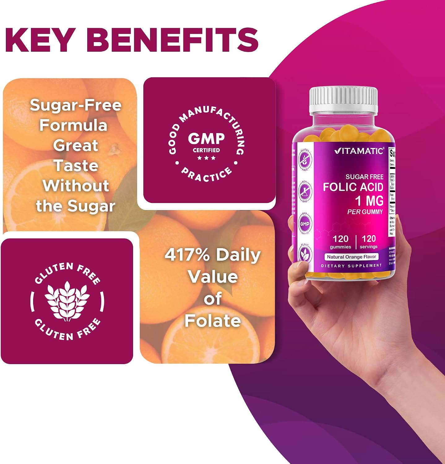 Vitamatic Sugar Free Folic Acid 1 mg Gummies 120 Count Orange Flavor | 1 mg Folic Acid, 1667 mcg DFE per gummy, Healthy cell growth, red blood cell formation, Gluten Free, Non GMO