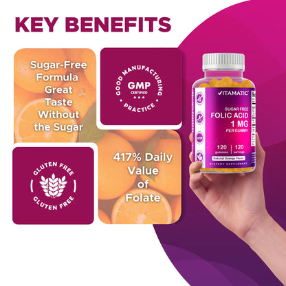Vitamatic Sugar Free Folic Acid 1 mg Gummies 120 Count Orange Flavor | 1 mg Folic Acid, 1667 mcg DFE per gummy, Healthy cell growth, red blood cell formation, Gluten Free, Non GMO