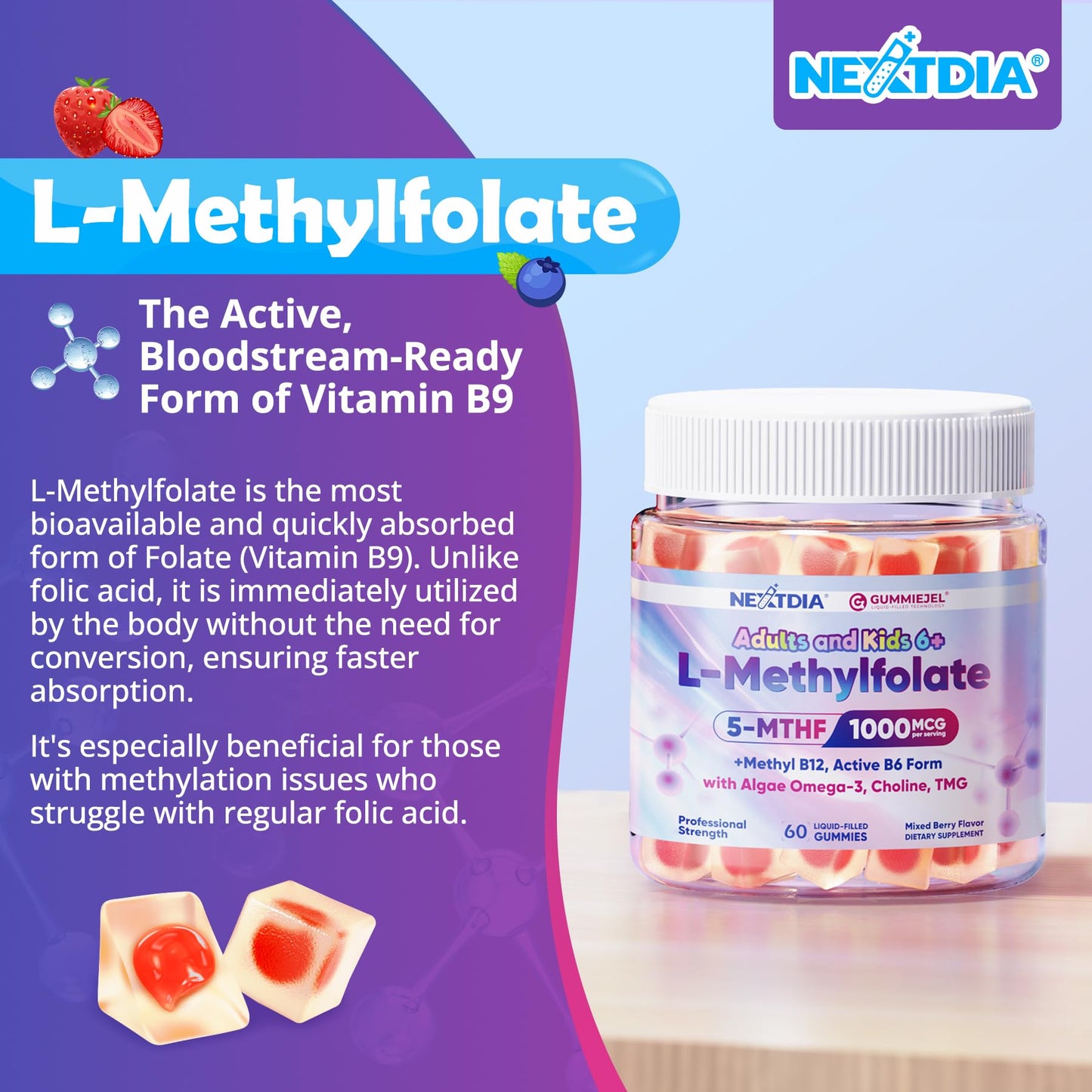 L-Methylfolate 1000 mcg + Methyl B12 Gummies for Kids & Adults - Active 5-MTHF, w/Omega-3 DHA & EPA(3:1), Choline & TMG, B6, Supports MTHFR Gene, Brain, Energy & Methylation, Sugar free, 60 Cts