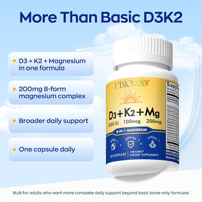 UBIOSKA Vitamin D3 K2 Magnesium, 5000 IU D3, K2 as MK-7, 60 Capsules | 8-form magnesium with glycinate, taurate and malate, plus B vitamins and zinc for daily bone, muscle and immune support