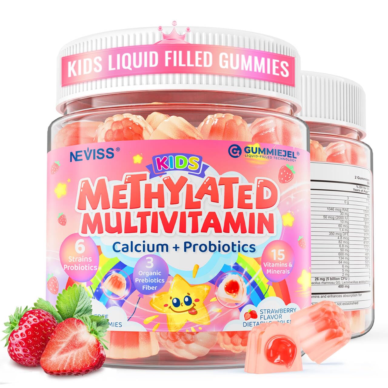 Kids Multivitamin Gummies + Calcium, Probiotics, Vitamin D3, C, Methylated B12 & Methylfolate, B6, A, K2, E, Zinc, Prebiotics for Children Ages 4+, Clean & Sugar Free, for Nutritional Support, 60 Cts