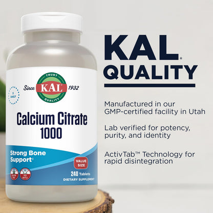 KAL Calcium Citrate 1000mg, Calcium Supplements for Women and Men, Bone Health, Teeth, Nervous, Muscular & Cardiovascular System Support, Gluten Free and Lab Verified, 60 Servings, 180 Tablets