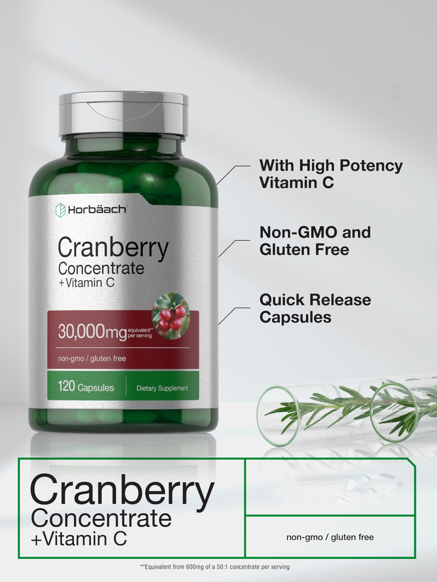 Horbäach Cranberry Concentrate Extract Pills + Vitamin C | 120 Capsules | Supplement for Women and Men | Triple Strength Ultimate Potency Formula | Non-GMO and Gluten Free