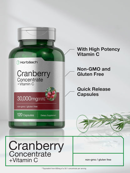 Horbäach Cranberry Concentrate Extract Pills + Vitamin C | 120 Capsules | Supplement for Women and Men | Triple Strength Ultimate Potency Formula | Non-GMO and Gluten Free