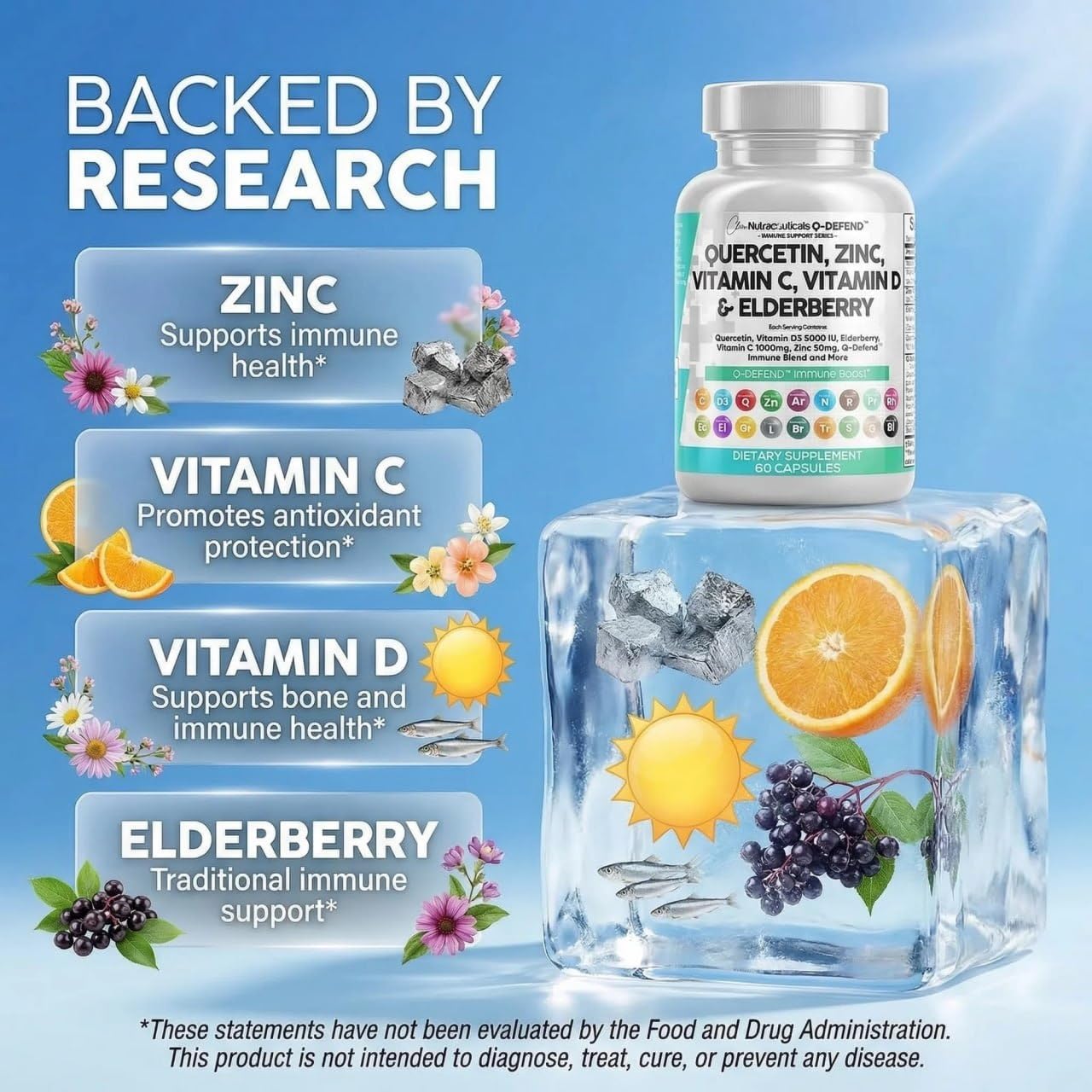 Q Defend Quercetin Supplement with Zinc Vitamin C Vitamin D Elderberry Turmeric Black Pepper Garlic Ginger Sea Moss Lysine Stinging Nettle Reishi Mushroom Immune Support 60 Capsules